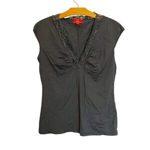 Oscar de la Renta Lace Trim Babydoll Top Cap Sleeve Black Blouse Whimsygoth Y2K